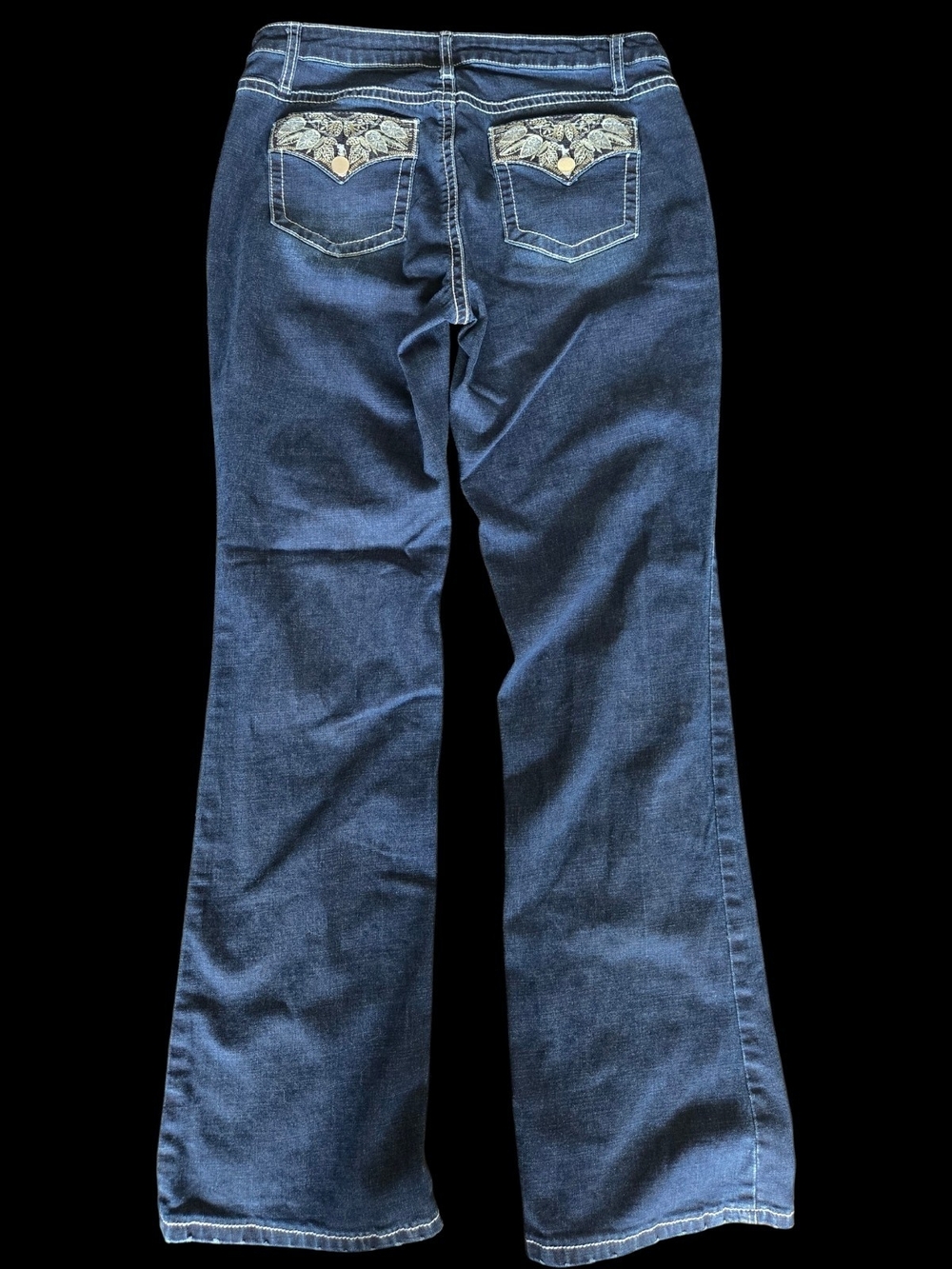 Flamingos Dark Blue Boot Cut Jeans with Embroidered Pockets Sz L